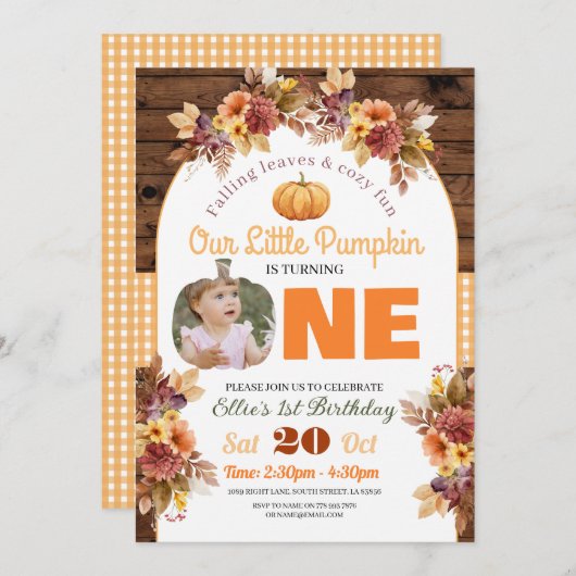 Invitation Citrouille 1er anniversaire Little Photo Un automn (Devant / Derrière)