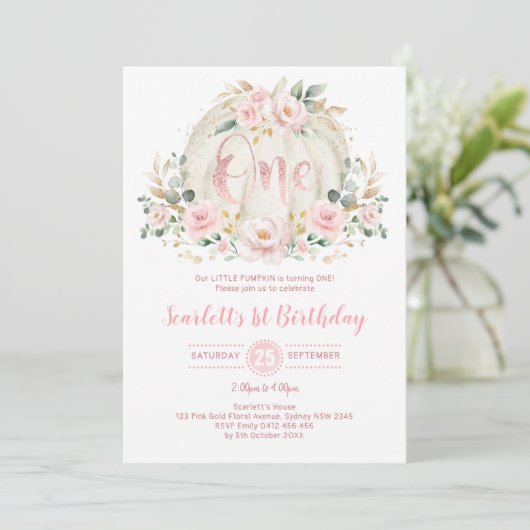 Invitation Citrouille 1er anniversaire Rose floral noir rose (Debout devant)