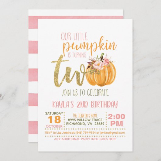 Invitation citrouille 2e anniversaire - Pink Strip (Devant / Derrière)