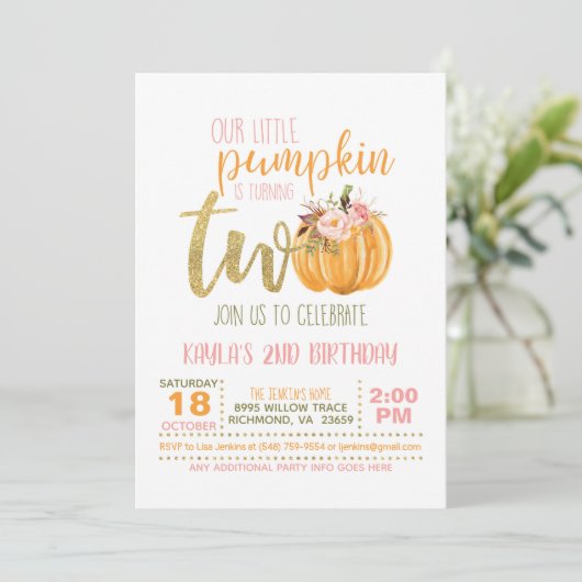 Invitation citrouille 2E Anniversaire - Points ros (Debout devant)