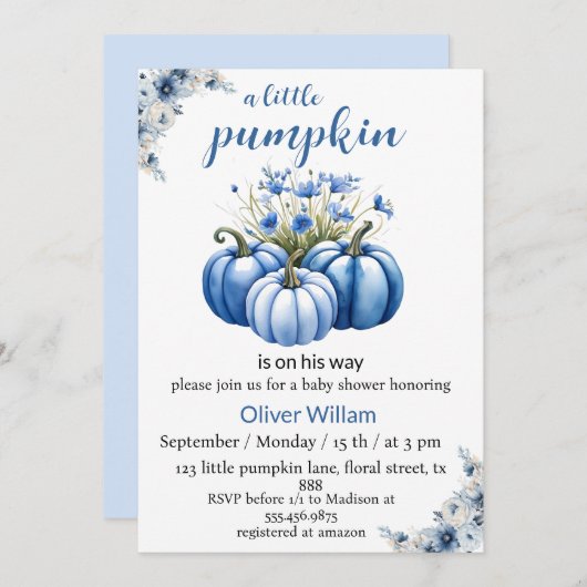 Invitation citrouille à fleurs bleues bébé (Devant / Derrière)