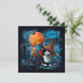 Invitation Citrouille amusante et chat dans un chapeau magiqu (Debout devant)