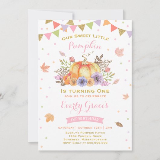 Invitation citrouille Anniversaire Pink & Gold Fal (Devant)