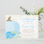 Invitation Citrouille Aquarelle Bleu Or Chute bébé Garçon Dou (Debout devant)