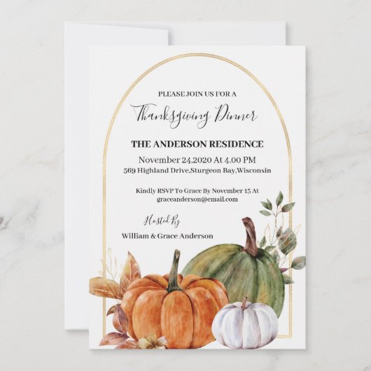 Invitation Citrouille aquarelle de Thanksgiving (Devant)