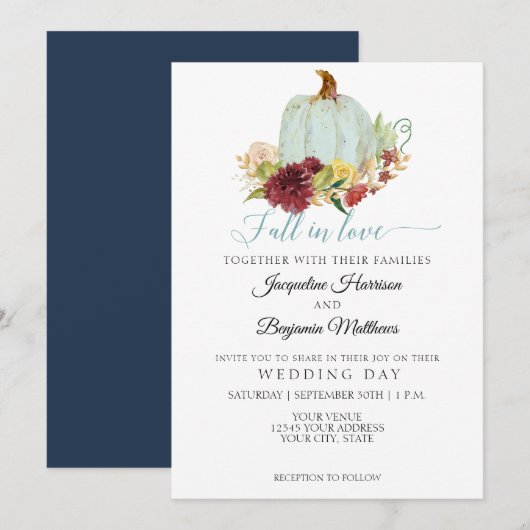 Invitation Citrouille aquarelle Navy Burgundy Floral Rustique (Devant / Derrière)