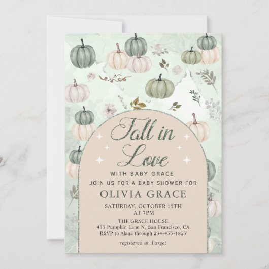 Invitation Citrouille Automne Baby shower vert automne (Devant)