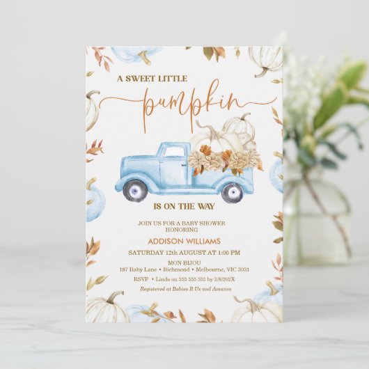 Invitation Citrouille Automne bleu Camion Petit Baby shower C (Debout devant)