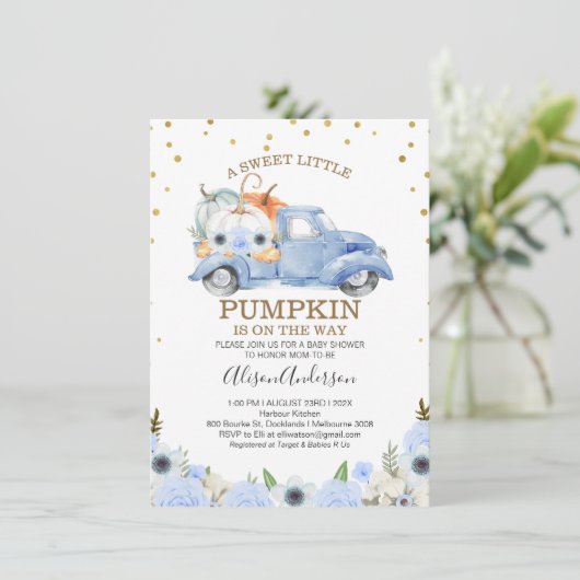 Invitation Citrouille Automne bleu Floral Baby shower camion (Debout devant)