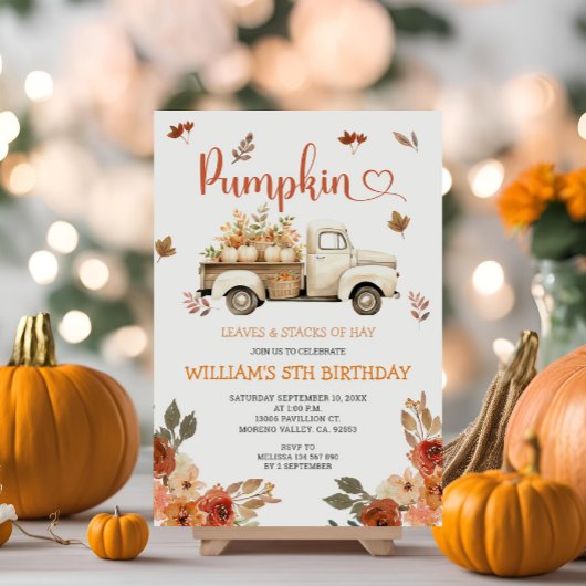 Invitation Citrouille Automne Camion Blanc 5E Anniversaire