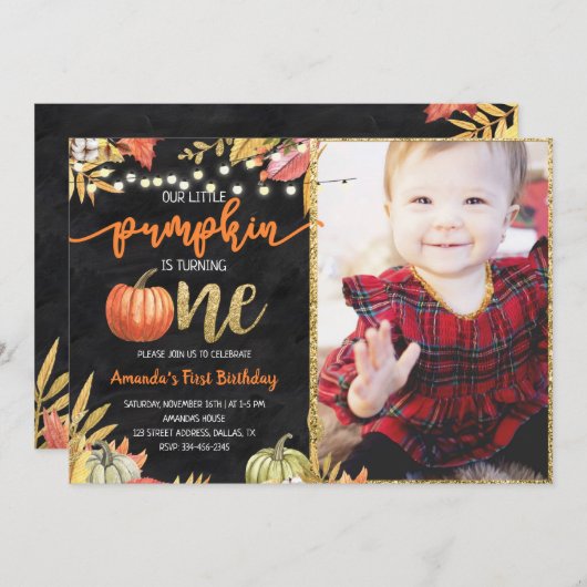 Invitation Citrouille Automne Chalkboard Premier anniversaire (Devant / Derrière)