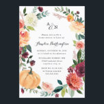 Invitation Citrouille Automne Elégante Floral Rustic Fête des<br><div class="desc">Le design présente une élégante couronne de fleurs aquarelle dans les tons rouge bordeaux, orange, blanc ivoire, rose vif et plus encore sur la végétation botanique automnale. Un beau citrouille d'automne fait partie du modèle avec chrysanthèmes, dahlias, roses, et plus. Design est également doté d'une typographie moderne avec un design...</div>