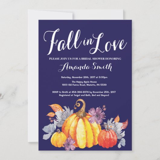 Invitation Citrouille Automne Marine Blue Bridal Douche invit (Devant)