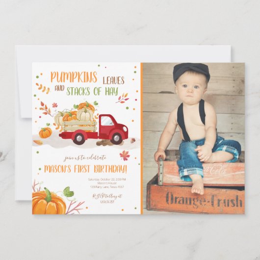 Invitation Citrouille automne RedTruck Orange Green Boy Anniv (Devant)