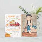 Invitation Citrouille automne RedTruck Orange Green Boy Anniv (Debout devant)
