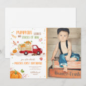 Invitation Citrouille automne RedTruck Orange Green Boy Anniv (Devant / Derrière)