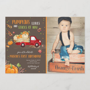 Invitation Citrouille automne RedTruck Orange Green Boy Anniv