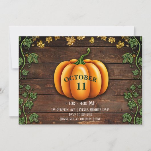 Invitation Citrouille Automne Rustic Green Gold Baby shower I (Dos)