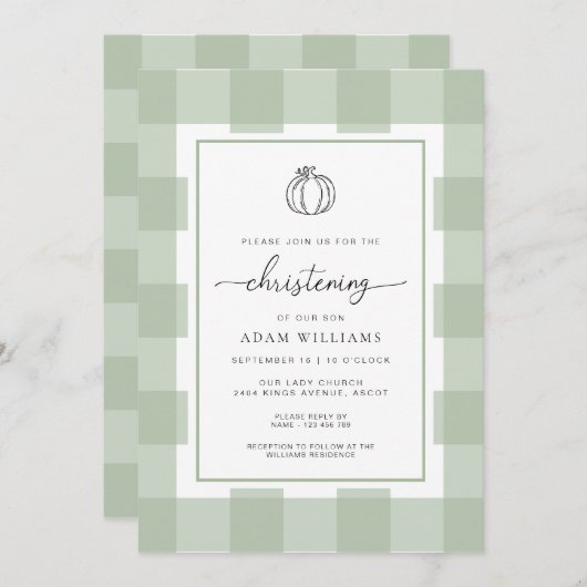 Invitation Citrouille Automne Sage Green En vichy Christening (Devant / Derrière)