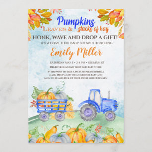 Invitation Citrouille Automne tracteur bleu baby shower invit