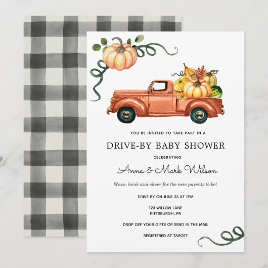 Invitation Citrouille Automne Truck Drive par Baby shower (Devant / Derrière)