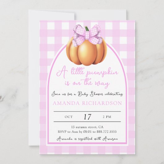 Invitation Citrouille avec baby shower arc en arc rose (Devant)