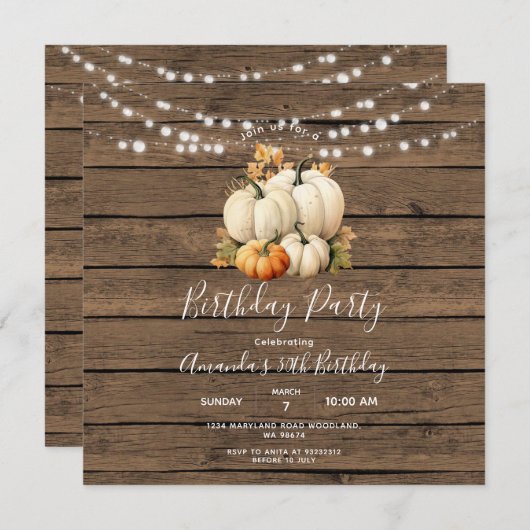 Invitation Citrouille avec guirlande lumineuse en bois pour f (Devant / Derrière)