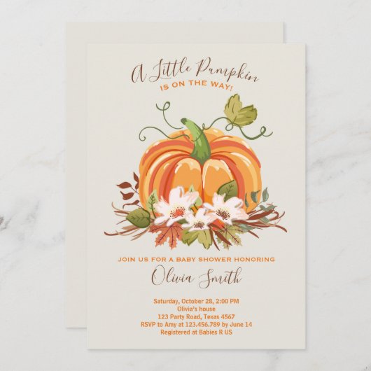 Invitation citrouille Baby shower Automne Automne  (Devant / Derrière)