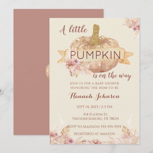 Invitation Citrouille Baby shower Automne Boho Floral Baby Gi (Devant / Derrière)