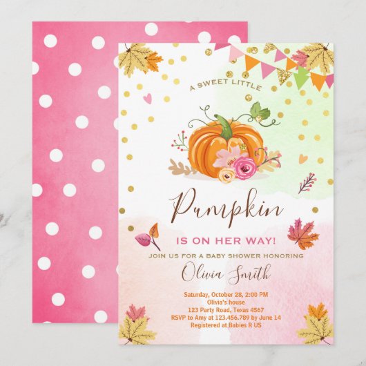 Invitation Citrouille Baby shower automne rose (Devant / Derrière)