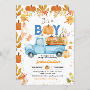 Invitation Citrouille Baby shower Boy Blue Truck Aquarelle