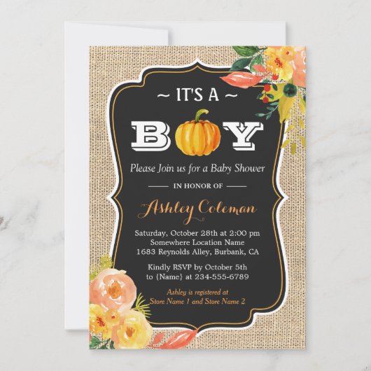 Invitation Citrouille Baby shower d'automne C'est un garçon R (Devant)