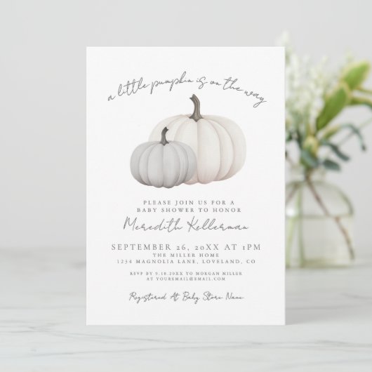 Invitation Citrouille Baby shower d'automne neutre selon le s (Debout devant)