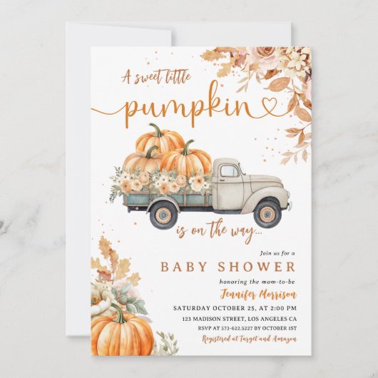 Invitation Citrouille Baby shower de camion Automne Neutre ge (Devant)