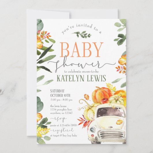 Invitation citrouille Baby shower de camion avec v (Devant)