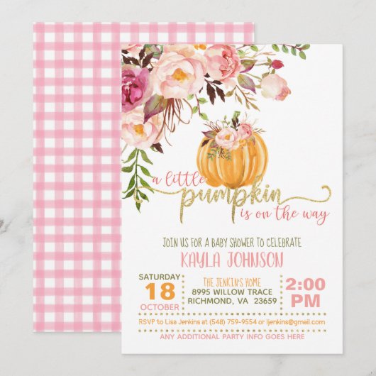 Invitation citrouille Baby shower - Plaid Floral (Devant / Derrière)
