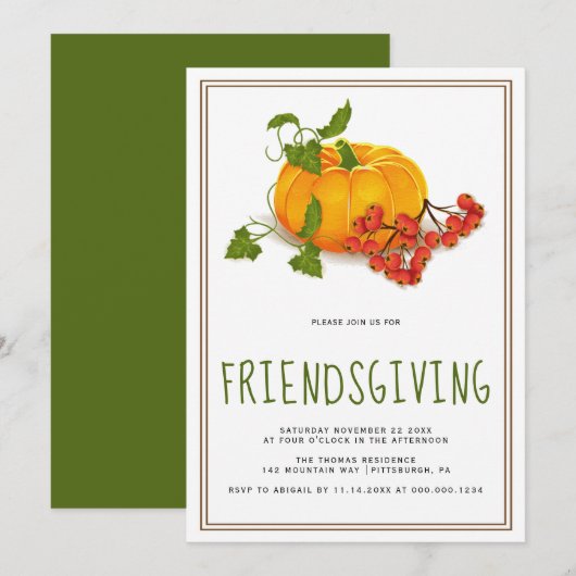 Invitation Citrouille, baies et cadre marron Friendsgiving (Devant / Derrière)