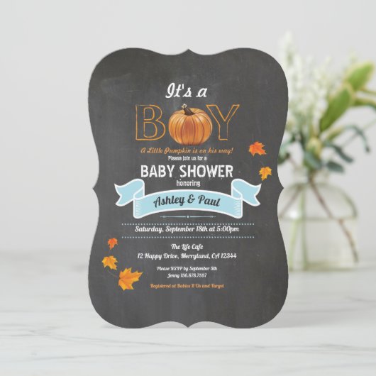 Invitation Citrouille bébé garçon douche bois rustique tablea (Debout devant)