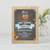 Invitation Citrouille bébé garçon douche burlap bois craie (Debout devant)