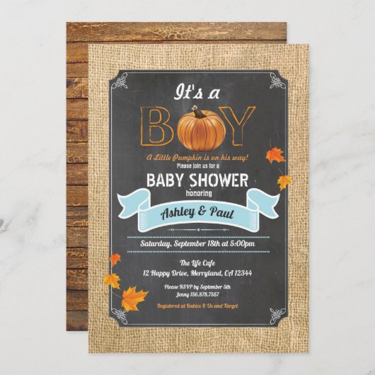 Invitation Citrouille bébé garçon douche burlap bois craie (Devant / Derrière)