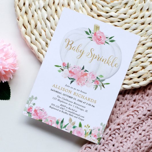 Invitation Citrouille bébé saupoudrer d'or rose baby shower f