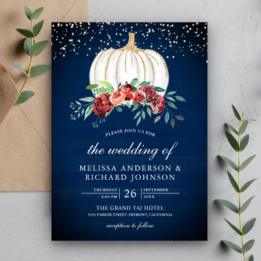 Invitation Citrouille blanc bleu marine Bourgogne Mariage flo