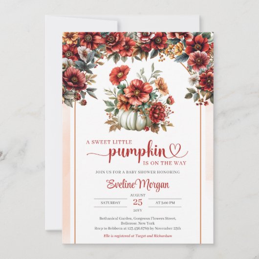 Invitation Citrouille blanc Boho avec fleurs bordeaux chute (Devant)