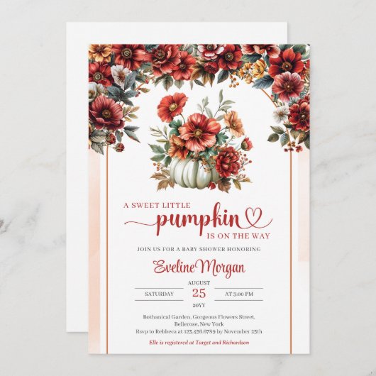 Invitation Citrouille blanc Boho avec fleurs bordeaux chute (Devant / Derrière)