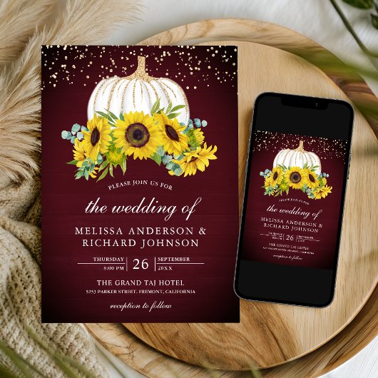 Invitation Citrouille blanc de Bourgogne tournesols Mariage