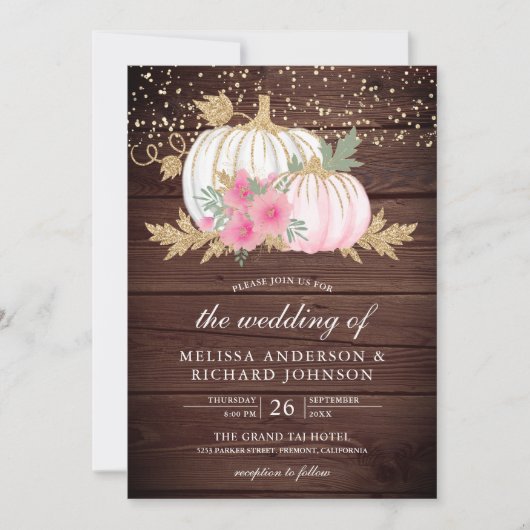 Invitation Citrouille blanc en bois rustique Mariage de autom (Devant)