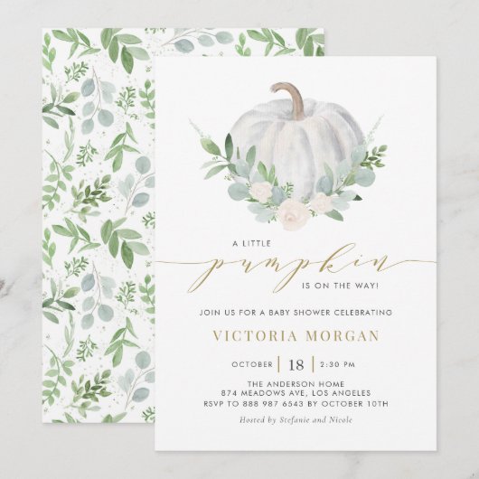 Invitation Citrouille blanc et Baby shower d'automne verdoyan (Devant / Derrière)