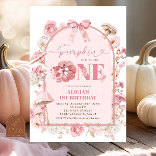 Invitation Citrouille blanc et rose automne premier anniversa