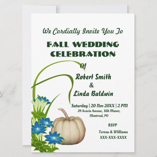 Invitation Citrouille blanc personnalisé automne vert floral (Devant)