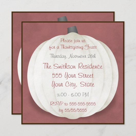 Invitation Citrouille blanc rustique de pays de dîner de (Devant / Derrière)
